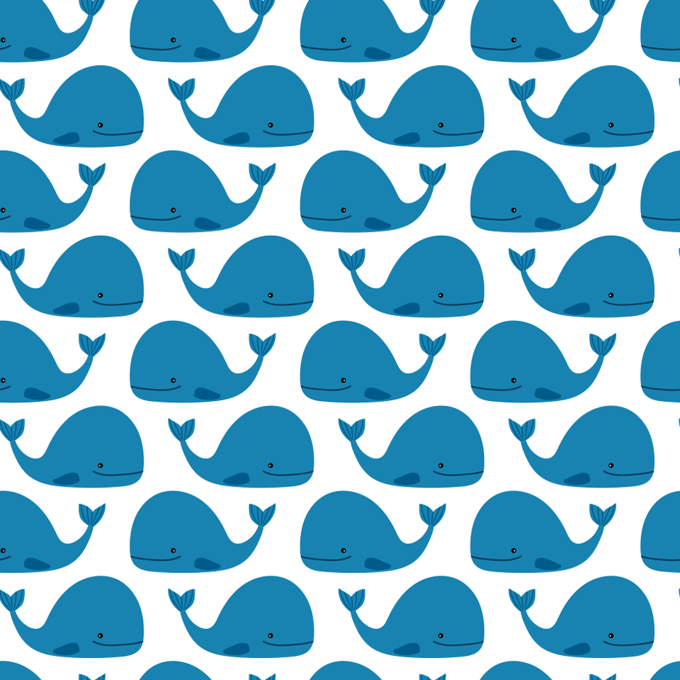 Happy blue whales on white